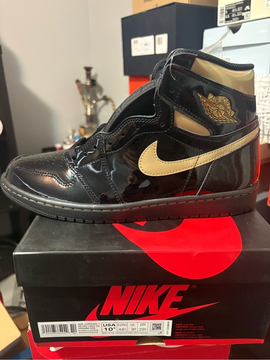 Nike Other - Nike Air Jordan 1 High Patent Black with Gold Swoosh